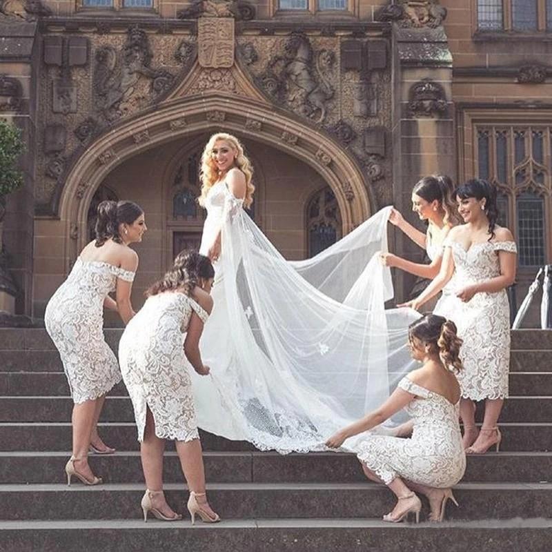 Unique Mermaid Off the Shoulder Ivory Lace Sweetheart Bridesmaid Dresses with Slit SWK15540