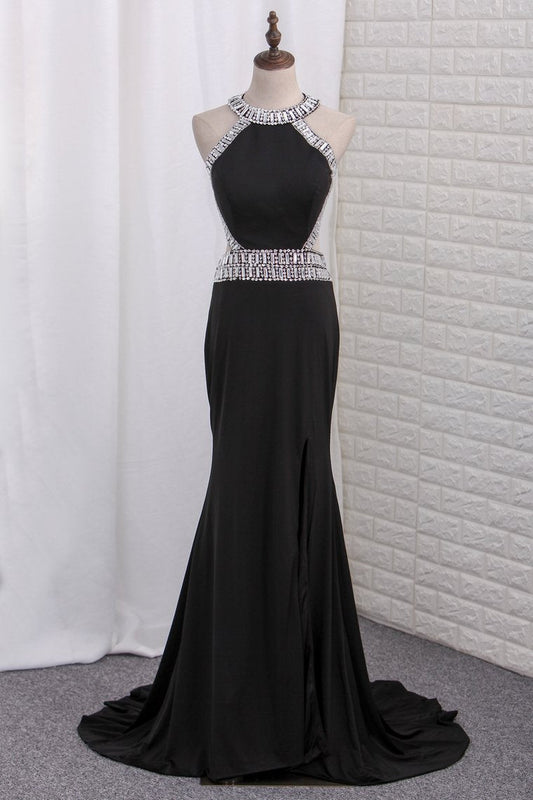 Prom Dresses Open Back Spandex Scoop Mermaid With Beads And Slit