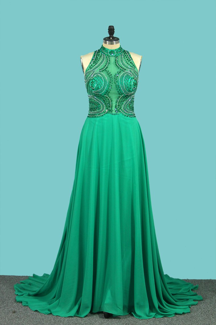 High Neck A Line Chiffon Beaded Bodice Open Back Prom Dresses