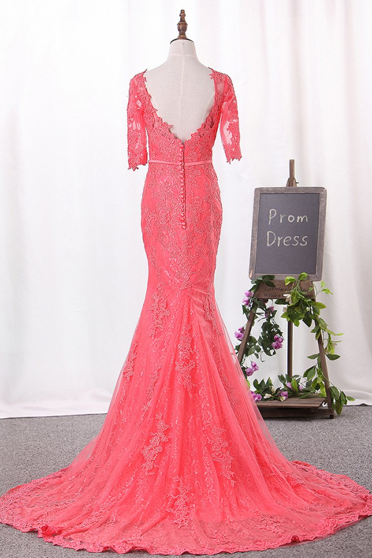 Mermaid Scoop Mid-Length Sleeves Prom Dresses Tulle With Appliques Covered Button