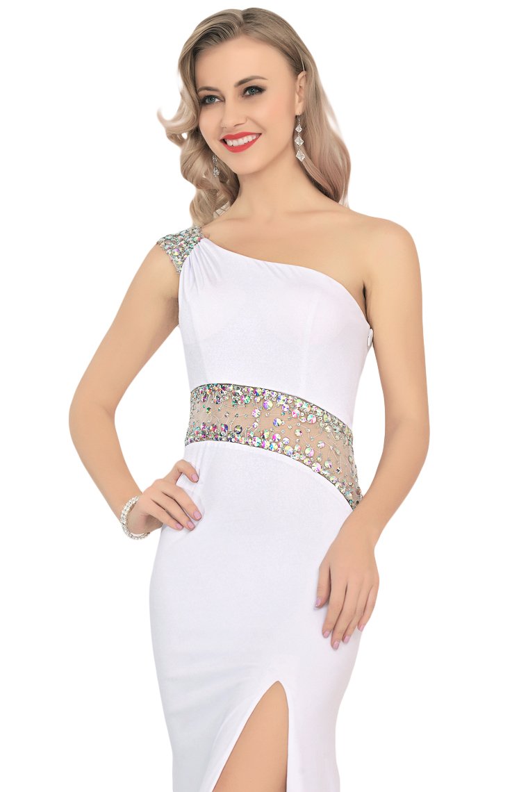 Spandex One Shoulder Mermaid Sweep Train Prom Dresses With Slit