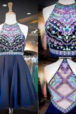 Navy Chiffon Halter Neck Beaded Sequins Crystals Cheap Homecoming Gowns with Illusion Back WK922