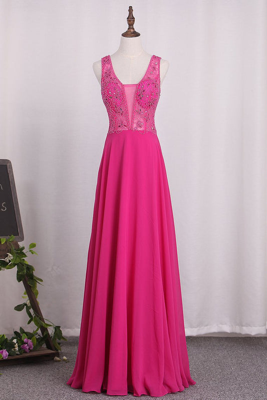 A Line V Neck Chiffon Prom Dresses Beaded Bodice Open Back