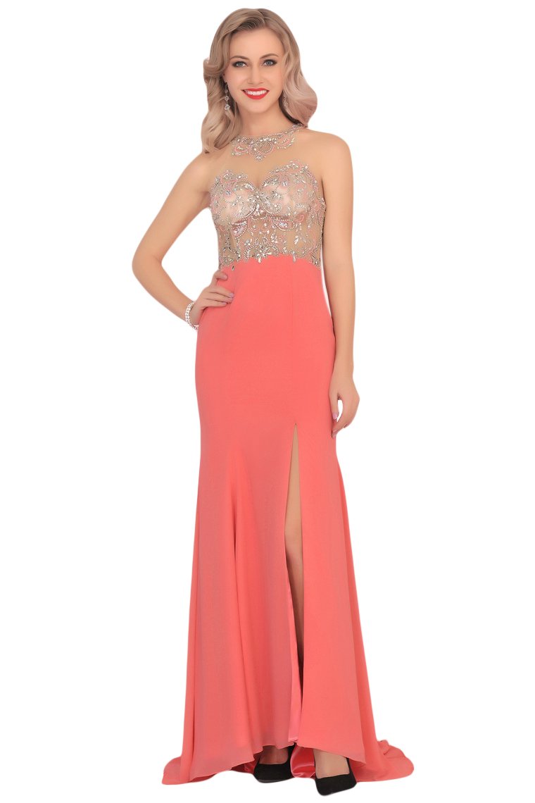 Mermaid Scoop Chiffon Prom Dresses With Beads And Slit