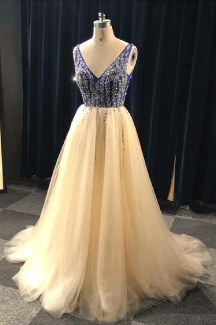 Champagne And Blue Long V-Neck Beading Backless Prom Dresses