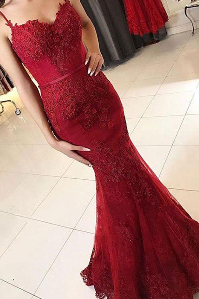 Mermaid Spaghetti Straps Burgundy Lace Appliques Prom Dresses Long Formal SWK12840