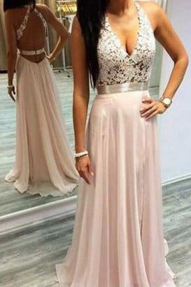 Sexy Pink Prom Dresses Halter V-Neck Lace Sleeveless Open Back Chiffon Evening Gowns WK648