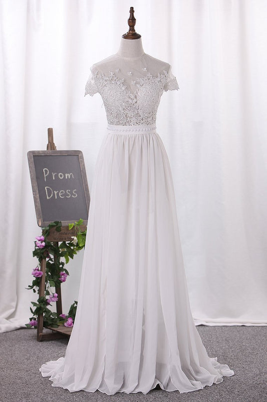 Chiffon Bateau A Line Wedding Dresses With Applique And Slit