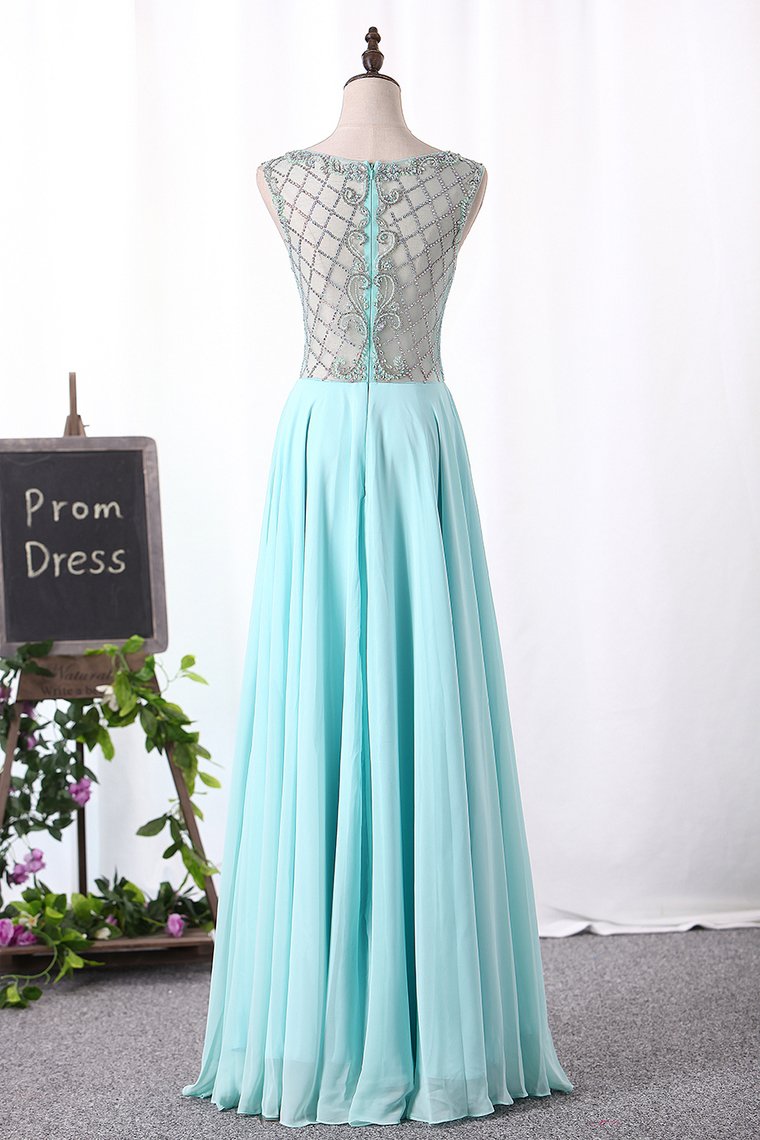 Scoop Chiffon Prom Dresses A Line With Beads Bodice Floor Length