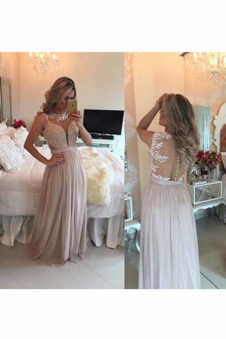 New Arrival Scoop Beaded Bodice Chiffon A Line Prom Dresses