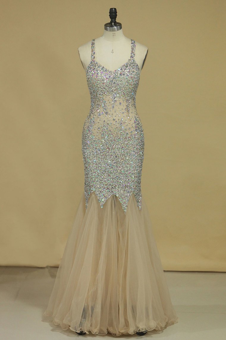 Halter Prom Dresses Mermaid Tulle With Beading Floor Length