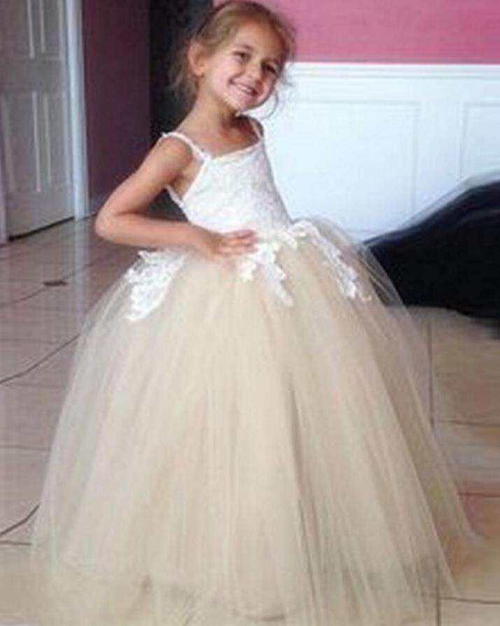 Tulle Applique Spaghetti Straps Backless Flower Girl Dresses Lovely Tutu Dresses WK117