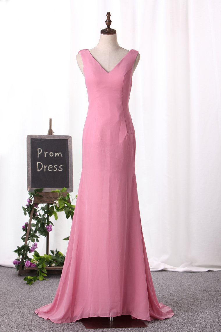 Sexy Open Back Bridesmaid Dresses V Neck Chiffon Mermaid Sweep Train