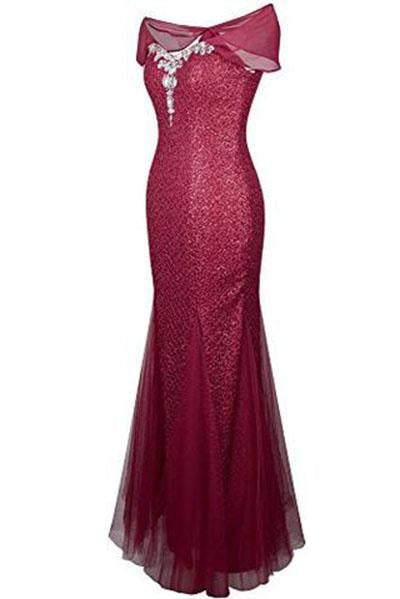 Halter Bateau Beaded Tulle Mermaid Sheath Prom Dresses WK200