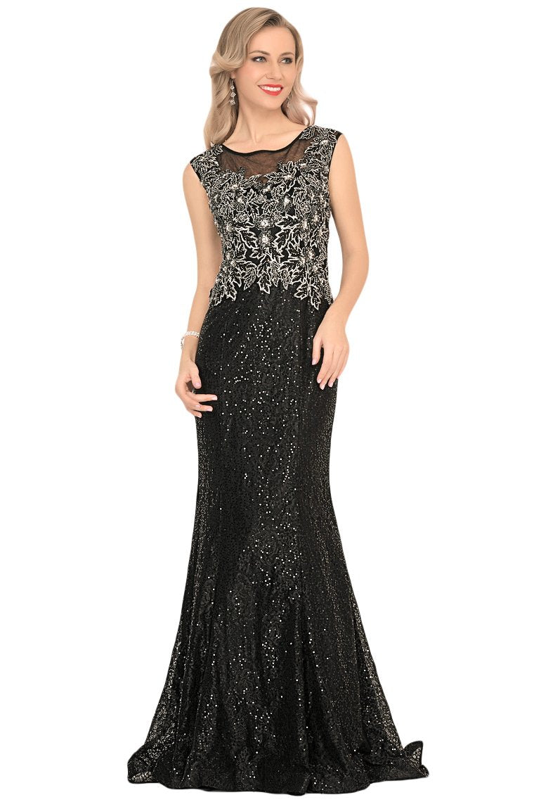 Scoop Prom Dresses Mermaid Sequins With Beading Sweep Train