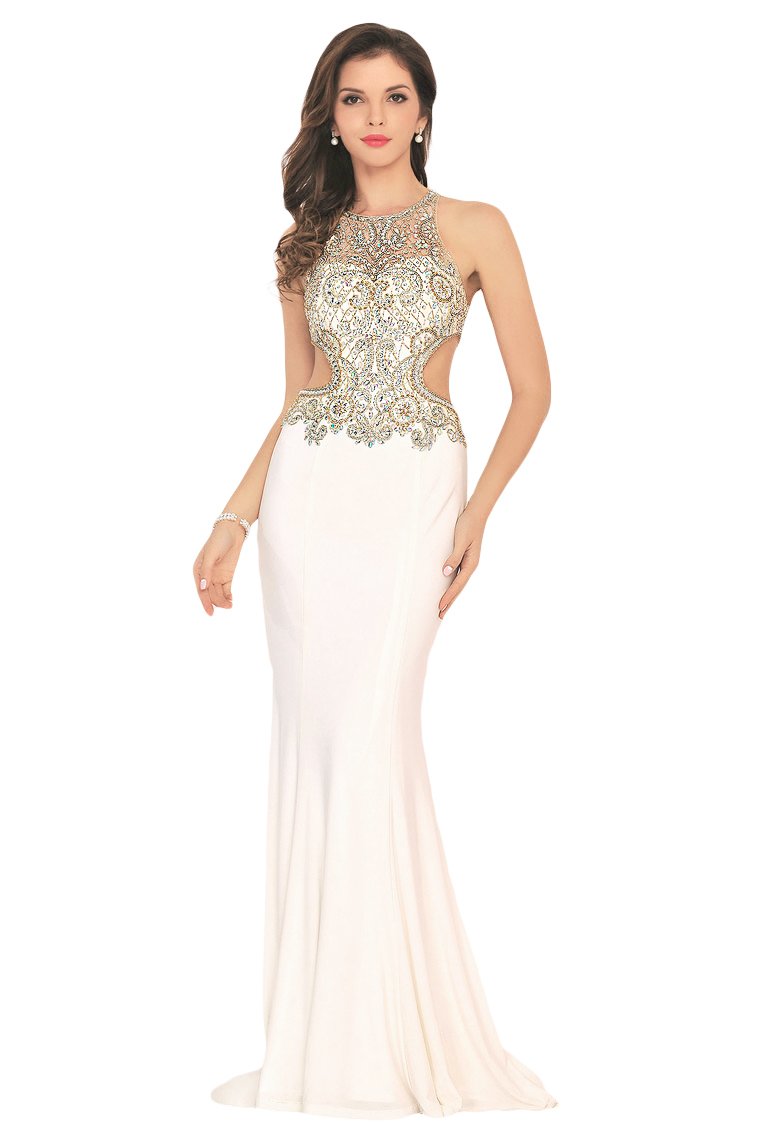 Prom Dresses Scoop Beaded Bodice Mermaid Spandex Open Back