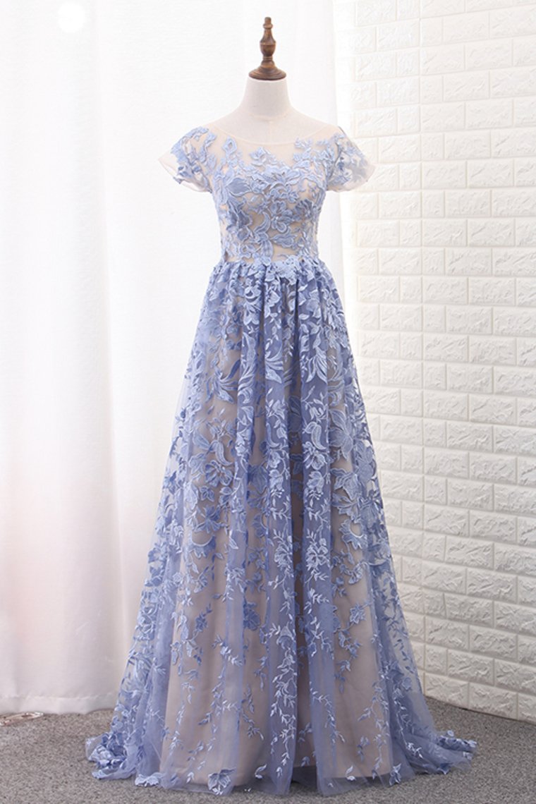 Off The Shoulder Short Sleeves A Line Lace Prom Dresses Sweep Train