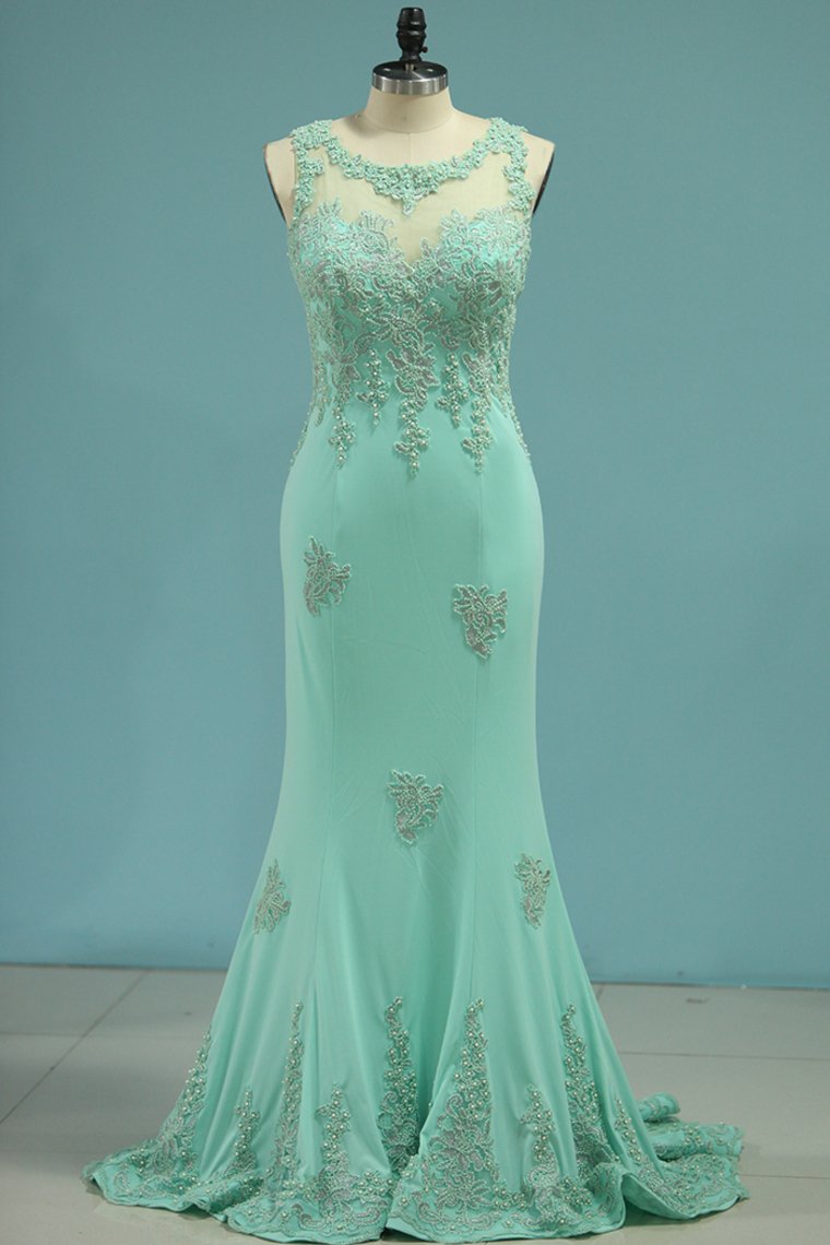 Prom Dresses Mermaid Scoop Spandex With Applique Sweep Train