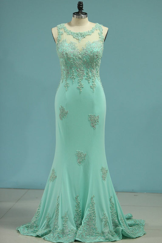 Prom Dresses Mermaid Scoop Spandex With Applique Sweep Train