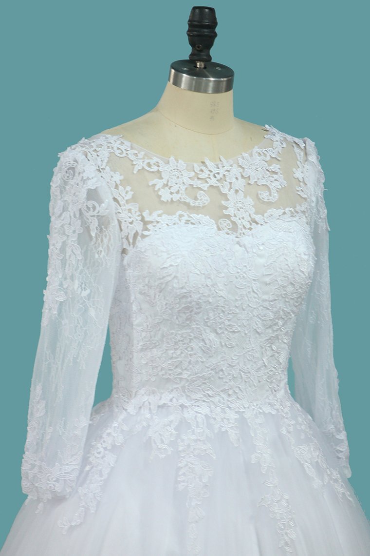 A Line Tulle Bateau 3/4 Length Sleeve Wedding Dresses With Applique Sweep Train