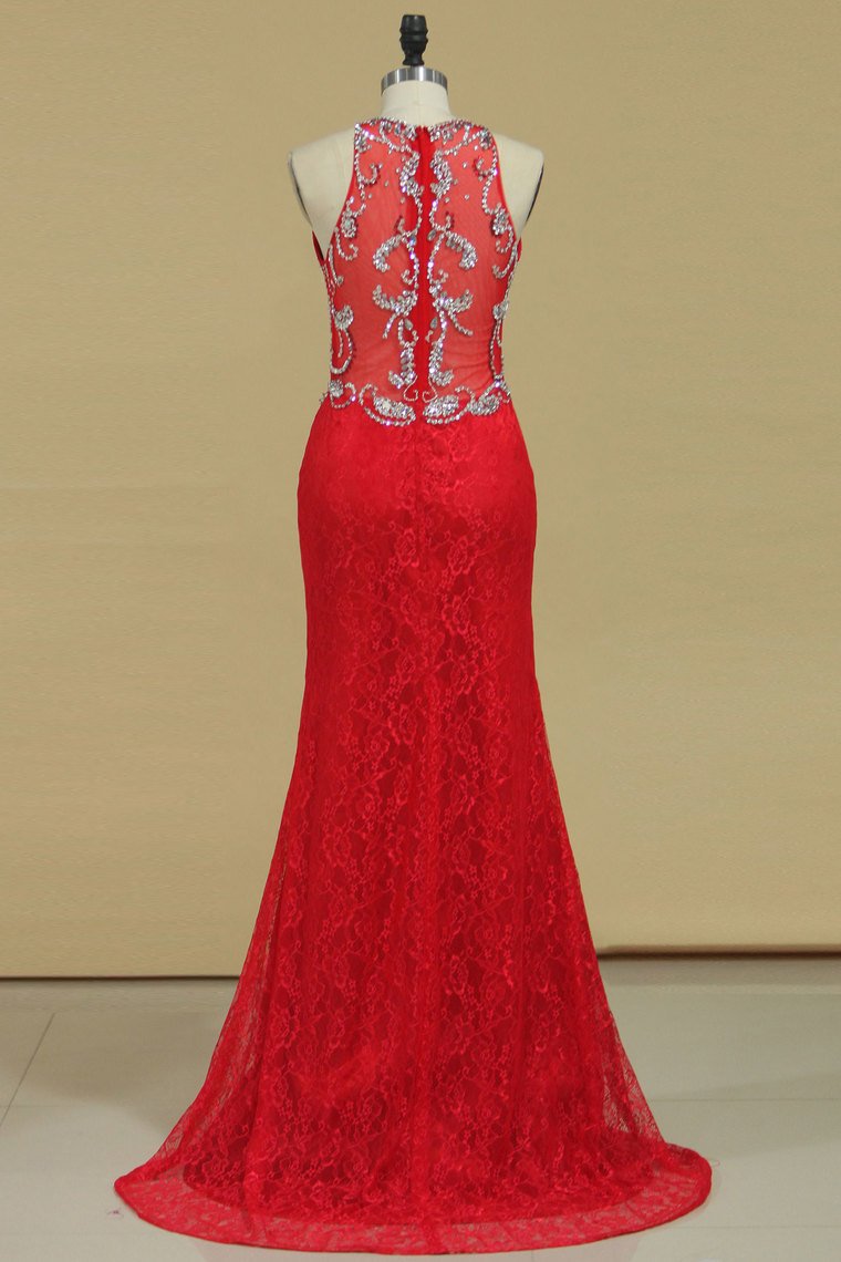 Prom Dresses Mermaid Scoop Lace With Beading Sweep Train