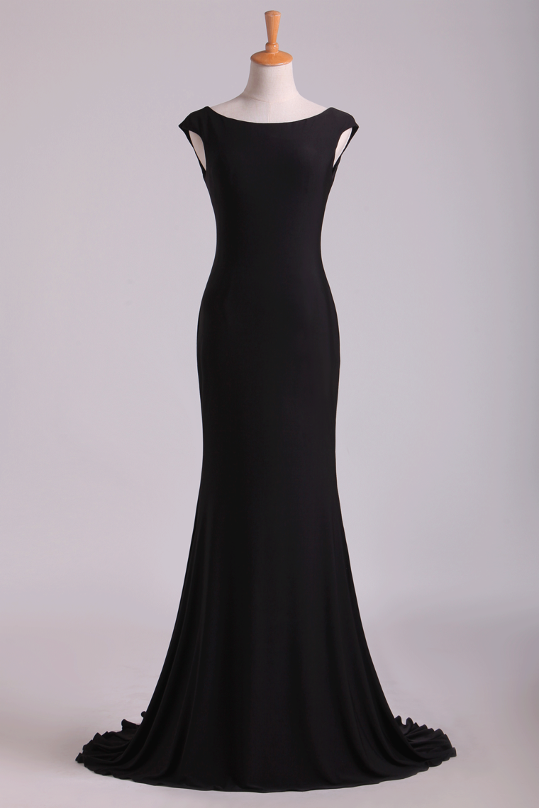 Black Mermaid Evening Dresses Bateau Chiffon Sweep Train Open Back