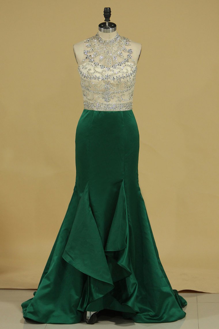 High Neck Beaded Bodice Prom Dresses Mermaid Satin Sweep Train