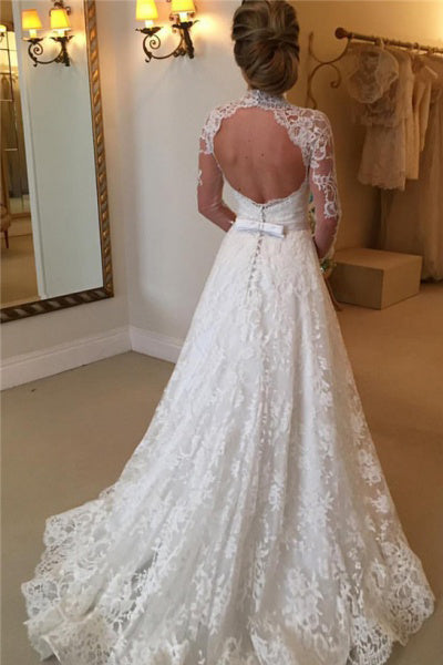 Vintage High Neck Lace Appliques Open Back Long Sleeves Wedding Dresses