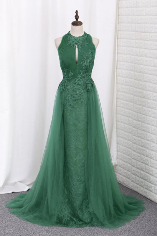 Prom Dresses Scoop Lace & Tulle With Applique Mermaid Sweep Train