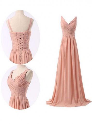 Simple V-neck Ruffles Long Chiffon Bridesmaid Dresses WK466