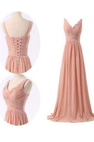 Simple V-neck Ruffles Long Chiffon Bridesmaid Dresses WK466