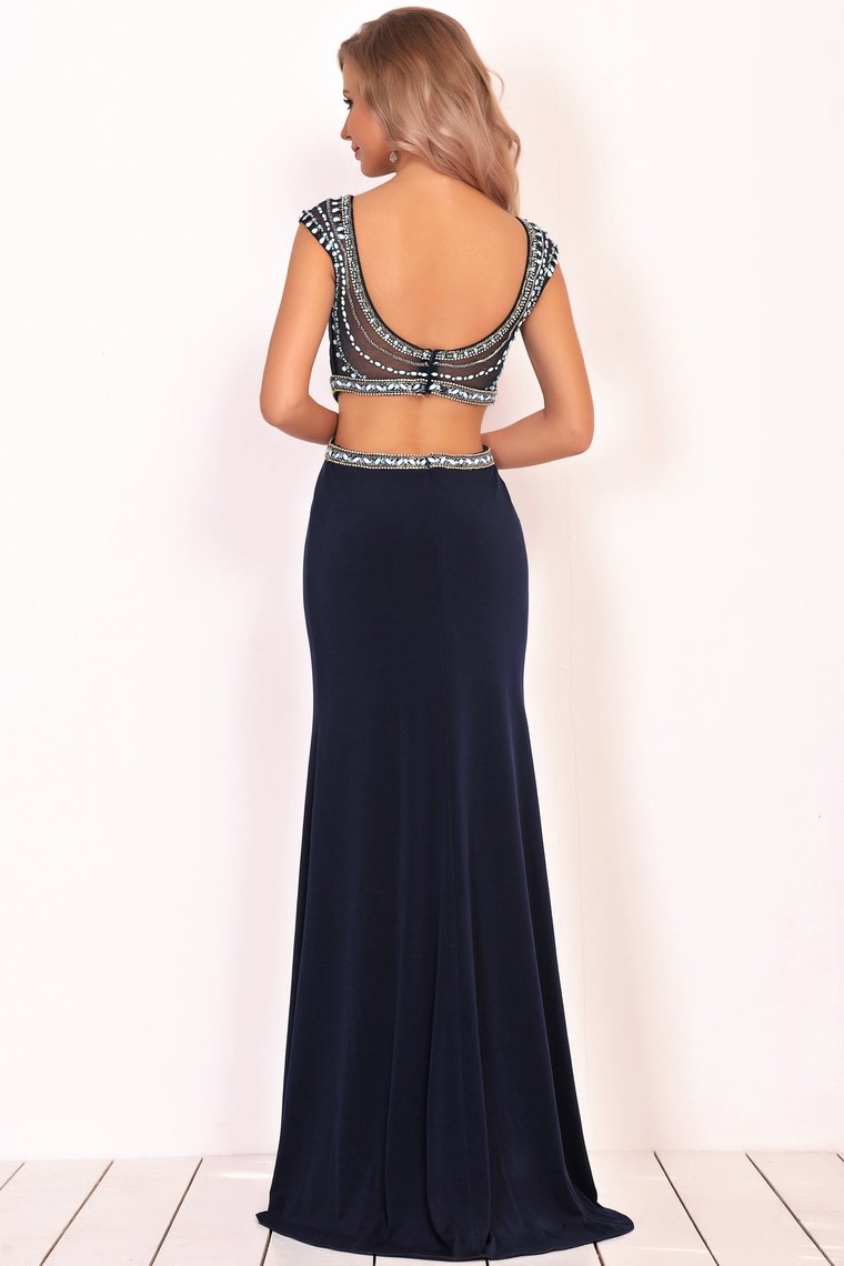 Boat Neck Mermaid Spandex Prom Dresses With Beads&Rhinestones