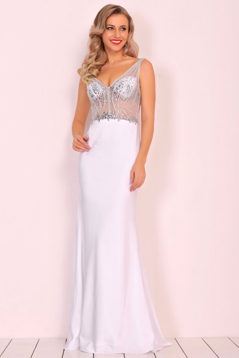 Spandex V Neck Beaded Bodice Mermaid Sweep Train Prom Dresses See-Through