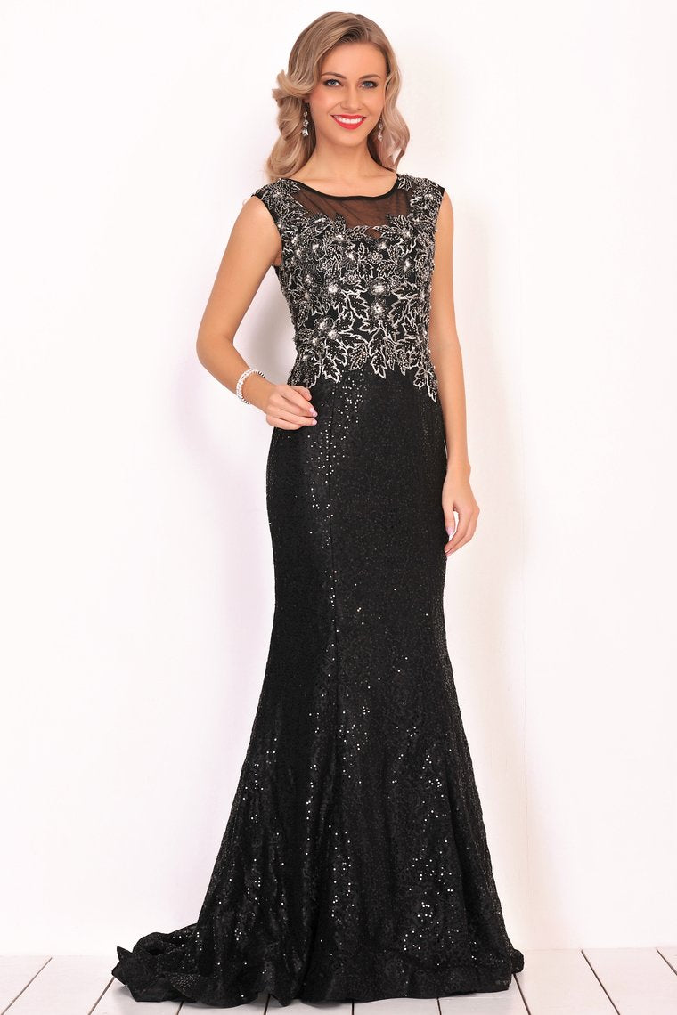 Scoop Prom Dresses Mermaid Sequins With Beading Sweep Train