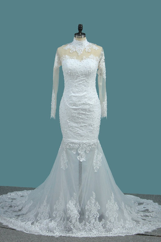 Mermaid Wedding Dresses High Neck Long Sleeves Tulle With Applique And Beads