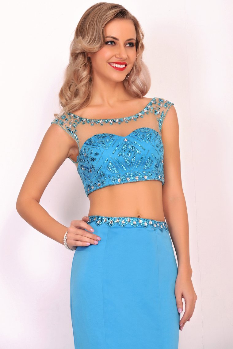 Two-Piece Scoop Prom Dresses Mermaid Satin With Beading