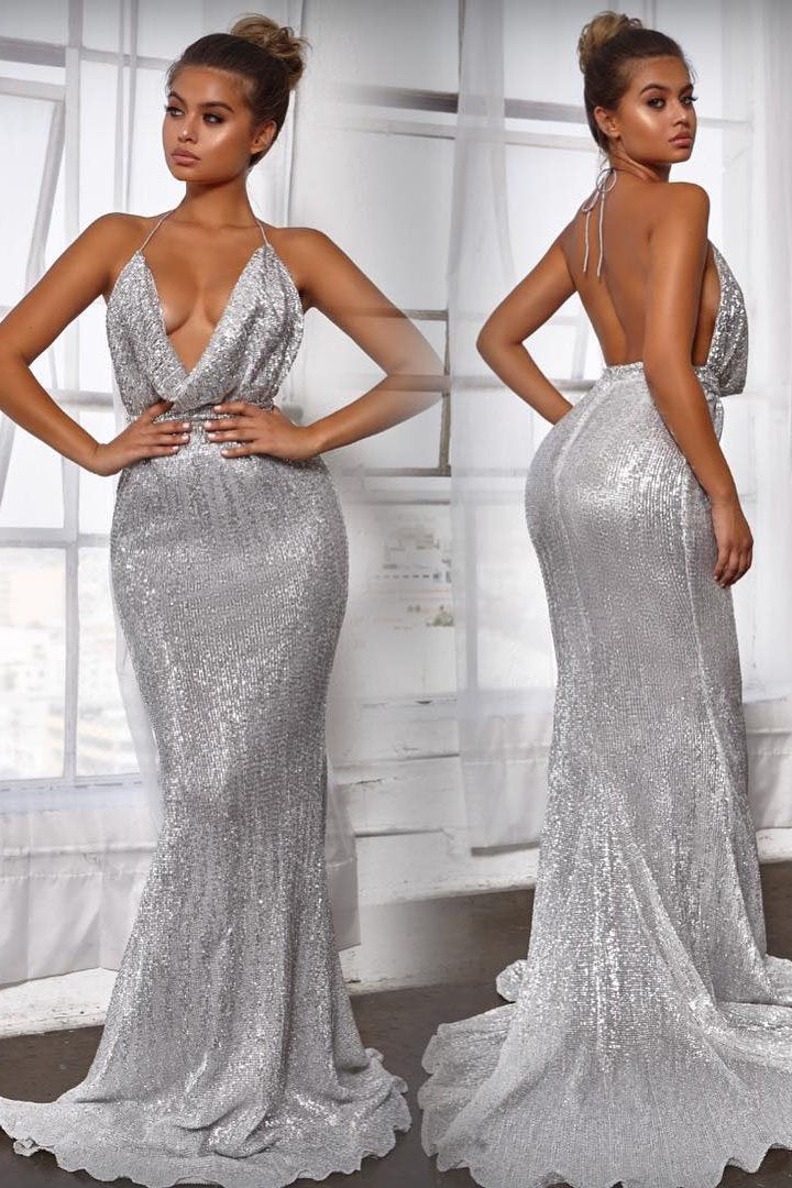 Sexy Mermaid Deep Neck Halter Backless Sequins Prom Dresses Long Formal Dresses SWK15338