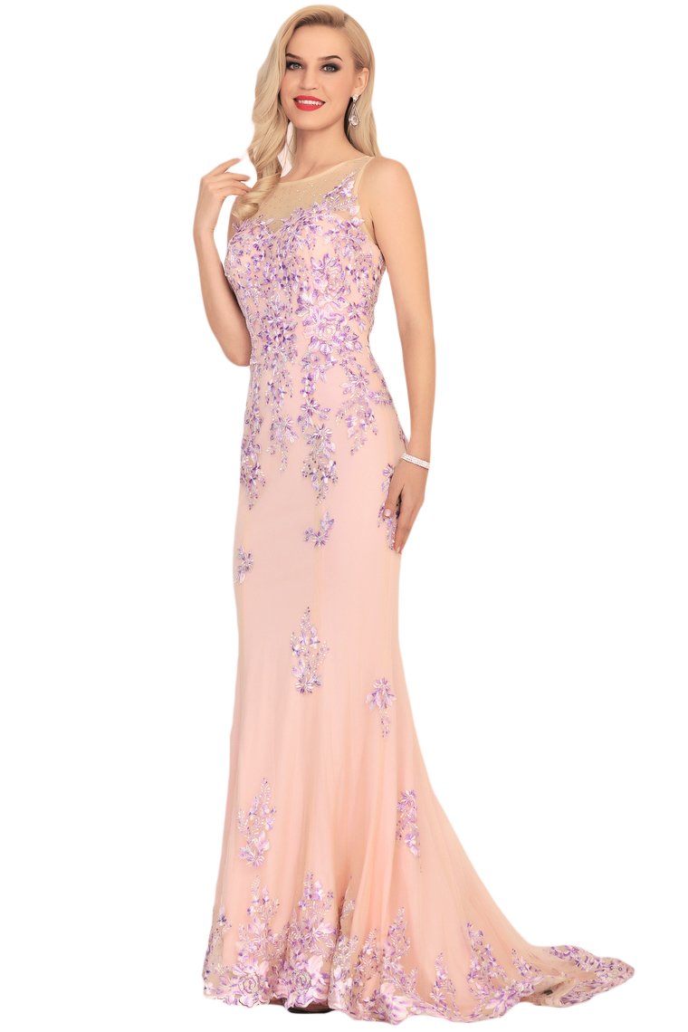 Mermaid Scoop Tulle Prom Dresses With Beads&Appliques Sweep Train