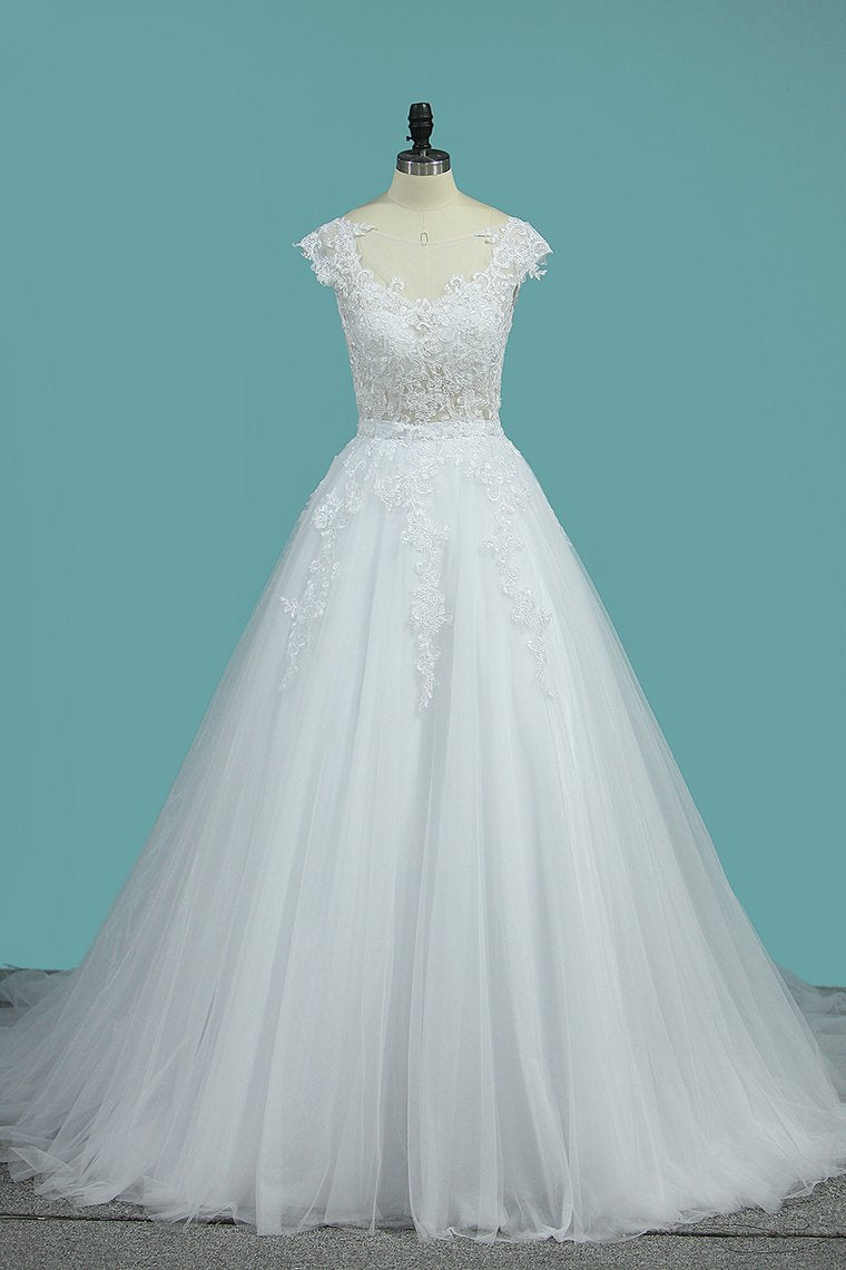 Scoop Open Back Wedding Dresses Tulle With Applique A Line Chapel Train