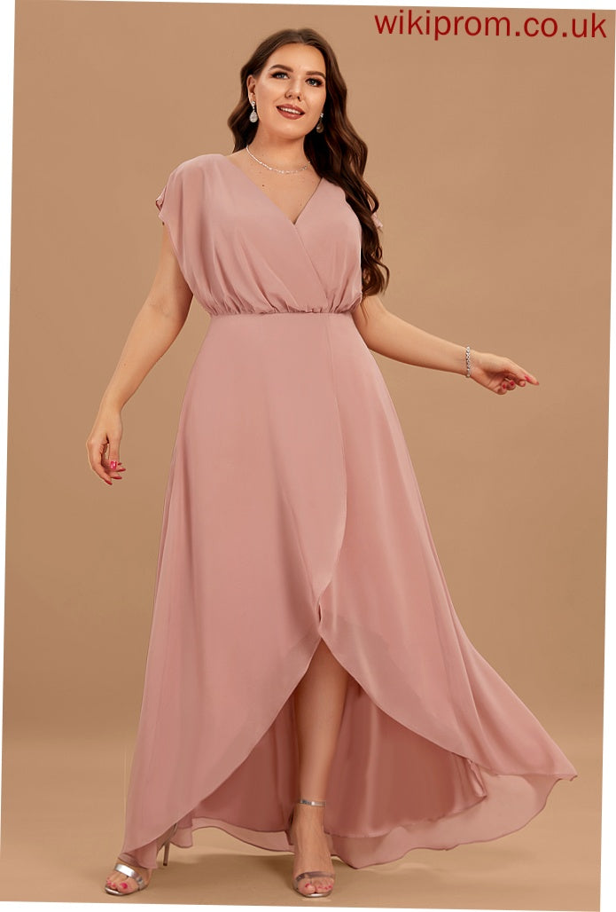 Length SplitFront Neckline Embellishment Fabric Asymmetrical V-neck Silhouette A-Line Janae Short Sleeves Natural Waist Bridesmaid Dresses