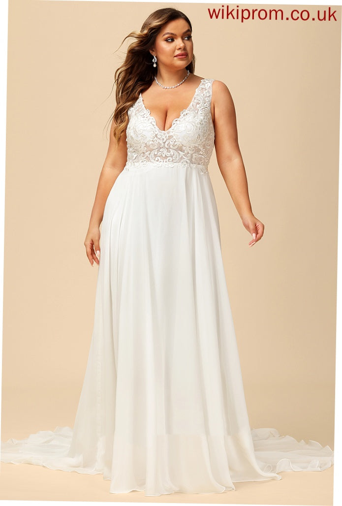 A-Line Emelia Chiffon Dress Court Wedding Dresses Train Wedding Lace V-neck