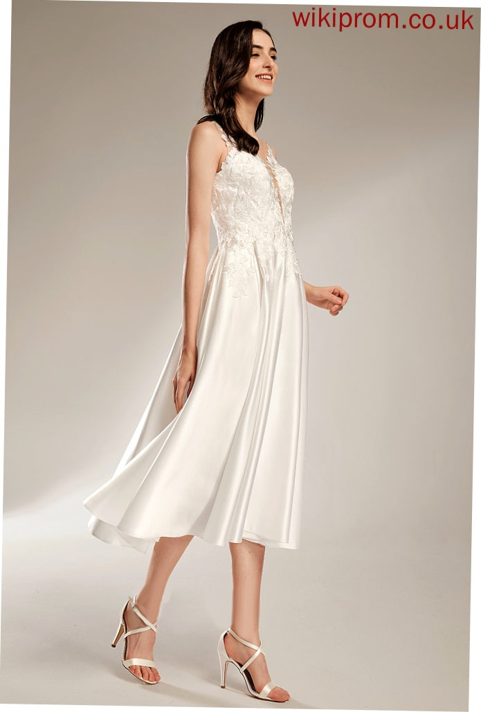 Wedding Lace Elianna Wedding Dresses Satin Dress V-neck Tea-Length A-Line