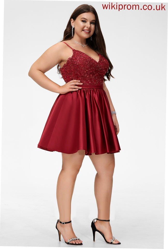 Satin Lace V-neck Beading Macy Dress Homecoming Dresses A-Line Homecoming With Short/Mini