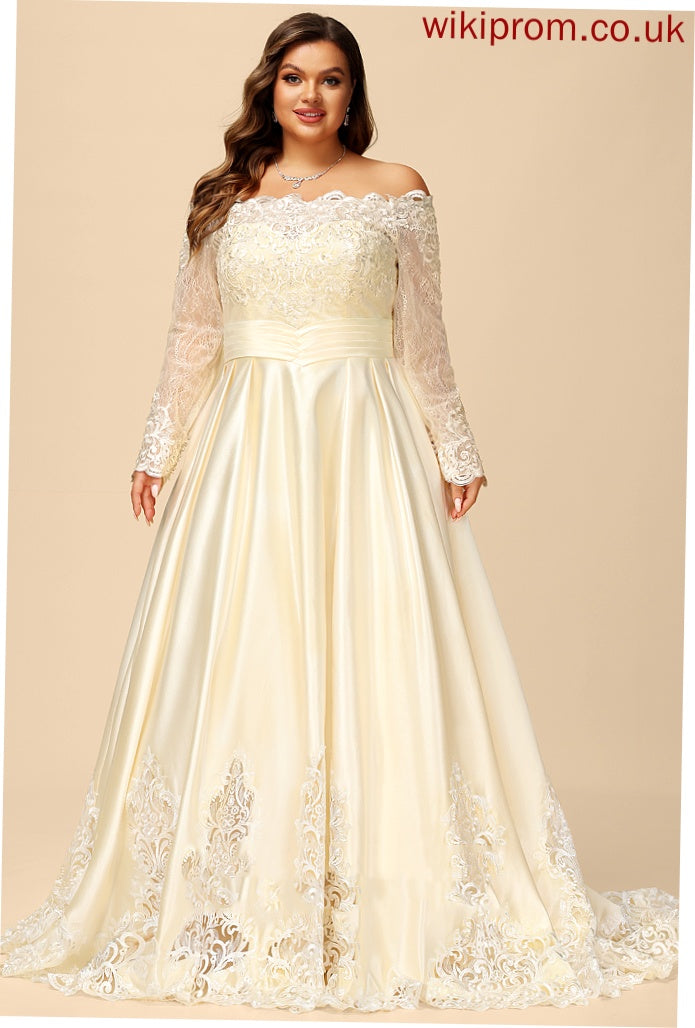 With Beading Off-the-Shoulder Wedding Dresses Dress Lace Satin Ball-Gown/Princess Wedding Sweep Elaina Sequins Train