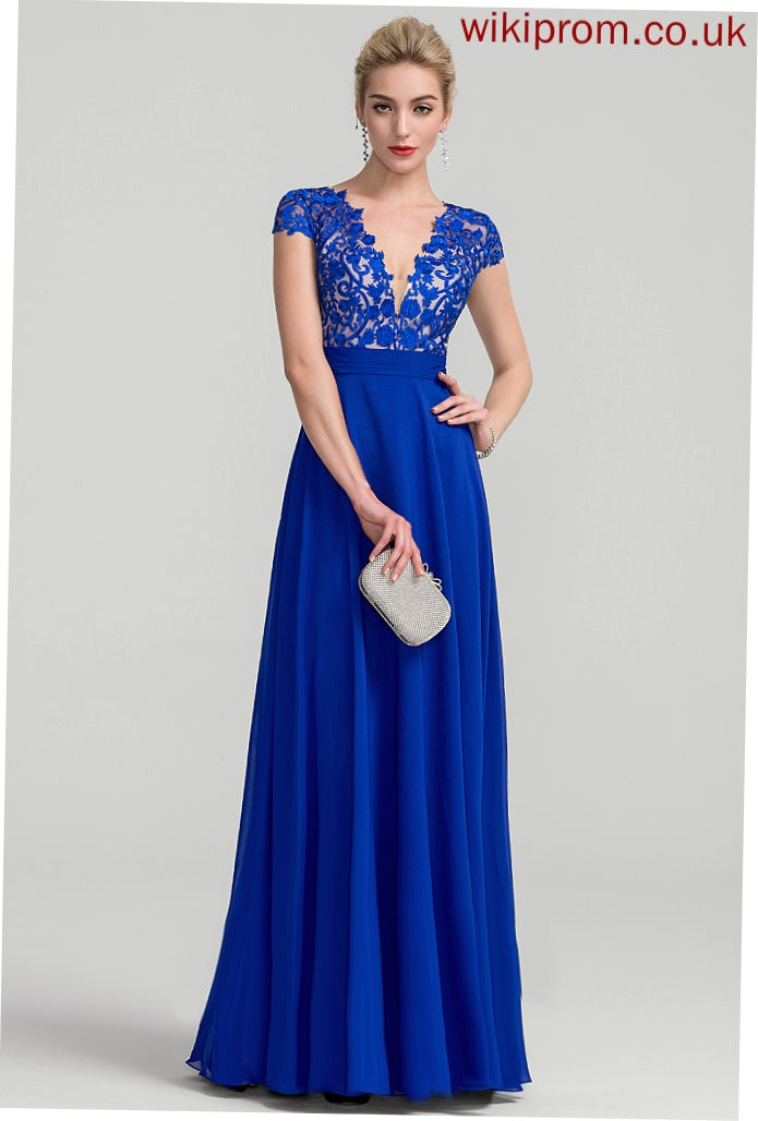 Prom Dresses Chiffon Floor-Length A-Line Ruffle Lace With Lori V-neck