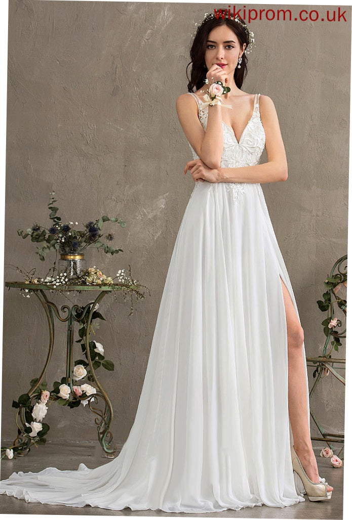 Chiffon Split Train With Wedding Dresses Beading Sweep Cierra A-Line Sequins Wedding Front Dress V-neck Lace