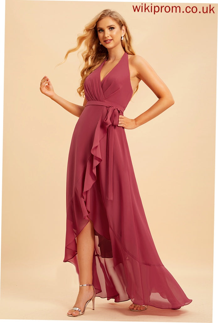 Neckline Fabric Asymmetrical Silhouette A-Line Embellishment Ruffle Length Halter Hana Floor Length Sleeveless Bridesmaid Dresses