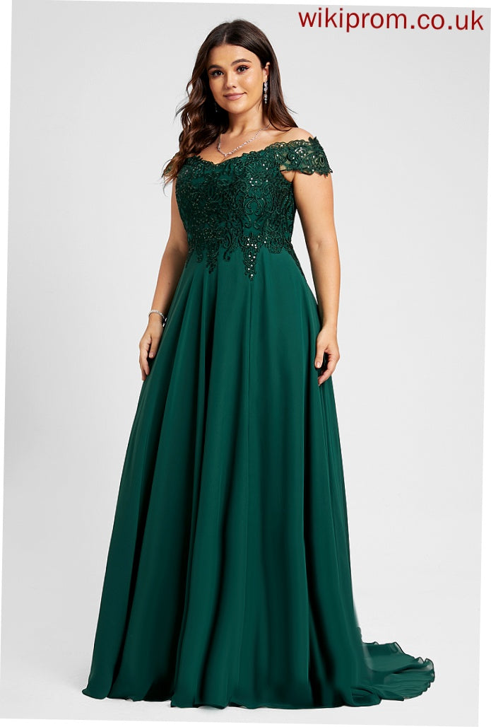 Chiffon Melina Train Sequins Lace Sweep Prom Dresses A-Line With Off-the-Shoulder