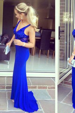 V-Neck Beading Charming Mermaid Real Made Long Sleeveless Royal Blue Evening Dresses uk L69