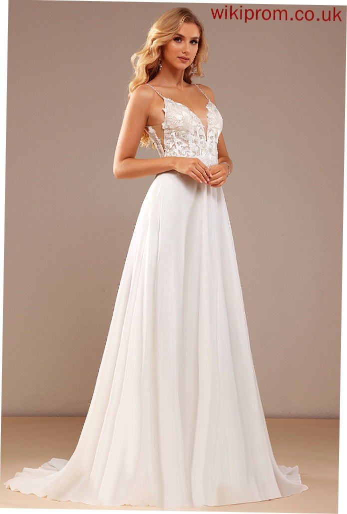 Pockets Evangeline Court Train Feather Lace A-Line Wedding Dresses Sequins V-neck With Wedding Chiffon Dress Beading Lace